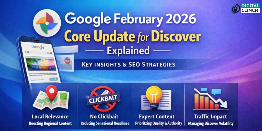 Google February 2026 Core Update for Discover banner with key SEO insights.