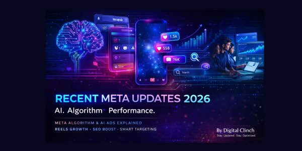 Banner with “Recent Meta Updates 2026,” neon AI brain, social media icons, and rising analytics graphs on a dark background.
