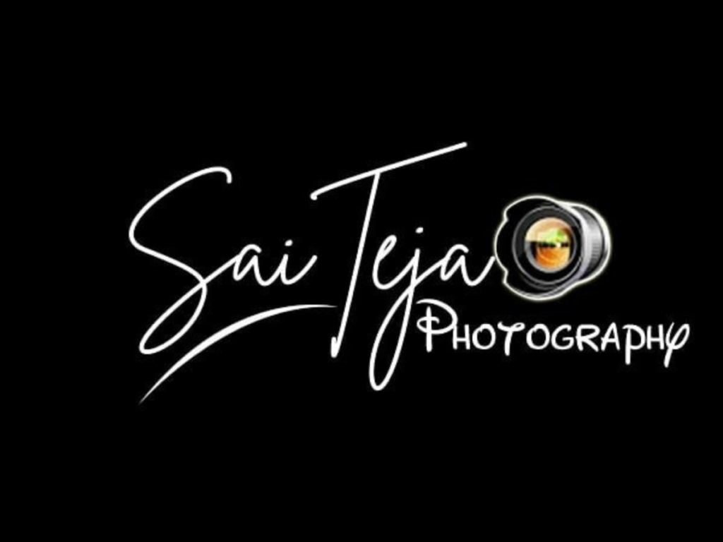 Sai Teja Photo Studio logo featuring stylized typography and camera lens icon on black background, Hyderabad photography studio branding